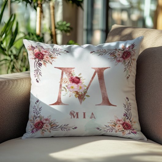 Persoonlijke Roze Gouden Bloem Letter M Monogram Kussen