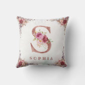 Persoonlijke Roze Gouden Bloem Letter S Monogram Kussen (Achterkant)
