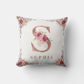 Persoonlijke Roze Gouden Bloem Letter S Monogram Kussen (Voorkant)