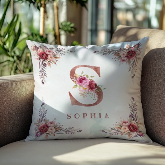 Persoonlijke Roze Gouden Bloem Letter S Monogram Kussen