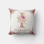 Persoonlijke Roze Gouden Bloemletter I Monogram Kussen (Voorkant)