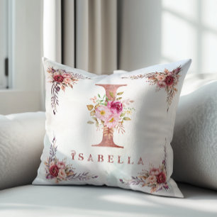 Persoonlijke Roze Gouden Bloemletter I Monogram Kussen
