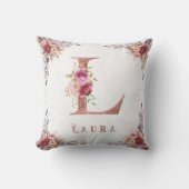Persoonlijke Roze Gouden Bloemletter L Monogram Kussen (Voorkant)