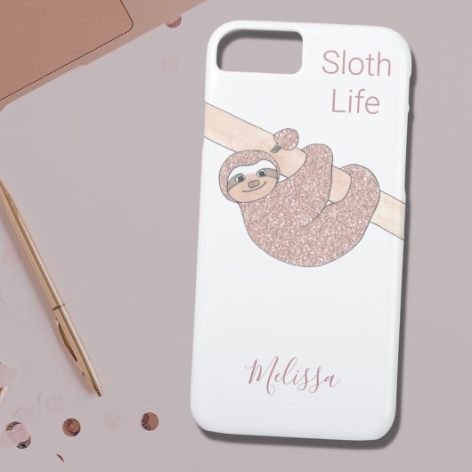 Persoonlijke Roze Gouden Glitter Cute Sloth Case-Mate iPhone Case