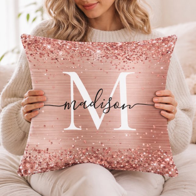 Persoonlijke Roze Gouden Glitter Monogram Kuspiloo Kussen (Creator heeft geüpload)