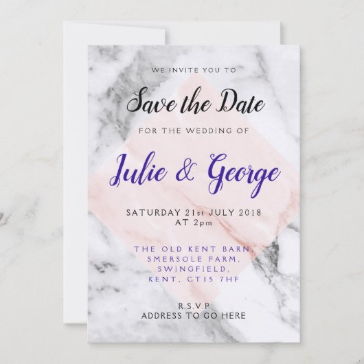 Persoonlijke Roze Gouden Marmeren Save the Date Kaart (Voorkant)