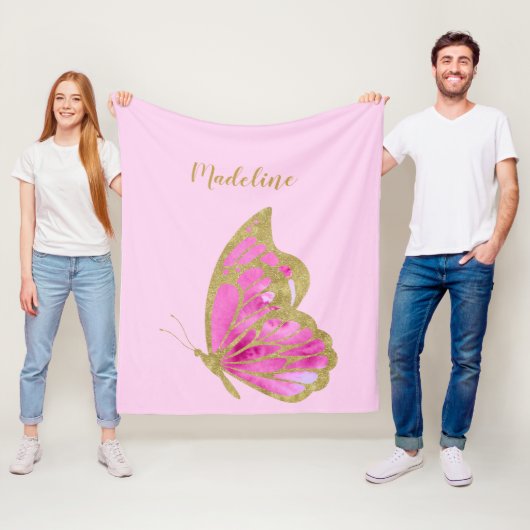 Persoonlijke Roze & Gouden Vlinder Fleece Deken (In situ)