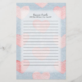 Persoonlijke Roze Harten op Blauwe Waterverf Briefpapier
