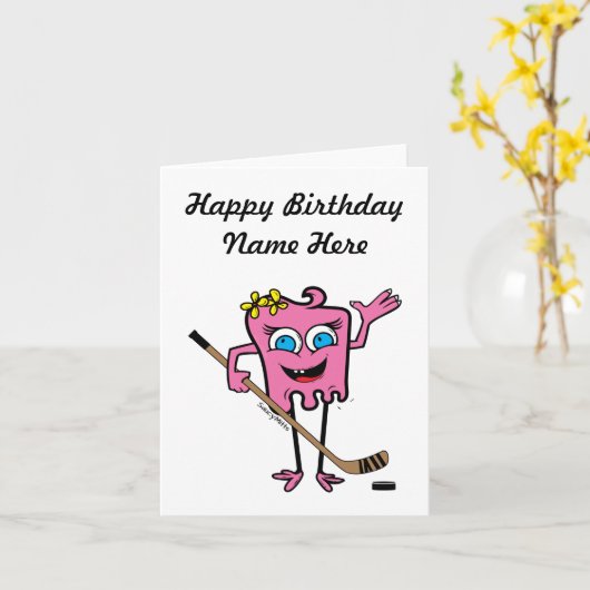 Persoonlijke Roze Hockey Monster Verjaardag voor M Kaart (Gele Bloem)