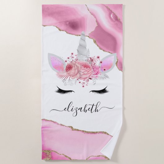 Persoonlijke Roze Kinderen Eenhoorn Strandlaken (Voorkant)