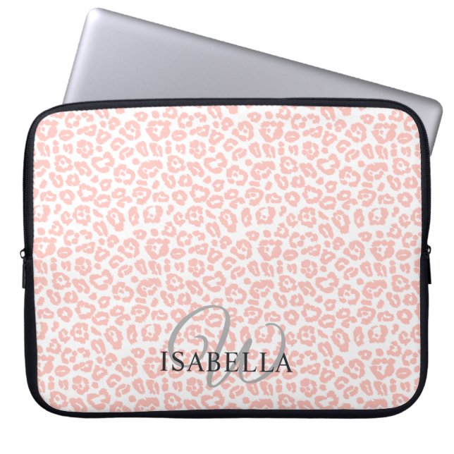 Persoonlijke Roze Luipaardprint Naam Monogram Laptop Sleeve (Voorkant)