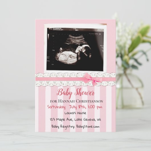 Persoonlijke Roze Meisjes Echoscopie Baby Shower Kaart (Staand voorkant)
