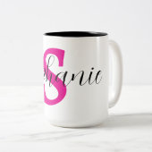 Persoonlijke Roze Naam Monogram Cadeaus Tweekleurige Koffiemok (Voorkant rechts)