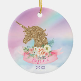 Persoonlijke Roze & Nep Goud Glitter Eenhoorn Keramisch Ornament