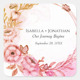 Persoonlijke Roze Oranje Bloemen Bloemvlinder Vierkante Sticker