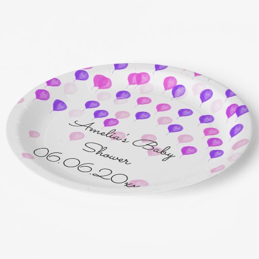 Persoonlijke Roze Paarse Ballon Baby Shower Papieren Bordje (Gekanteld)