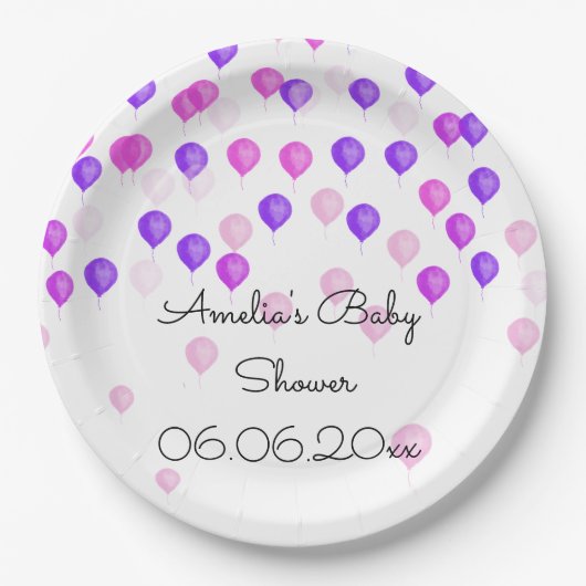 Persoonlijke Roze Paarse Ballon Baby Shower Papieren Bordje (Voorkant)