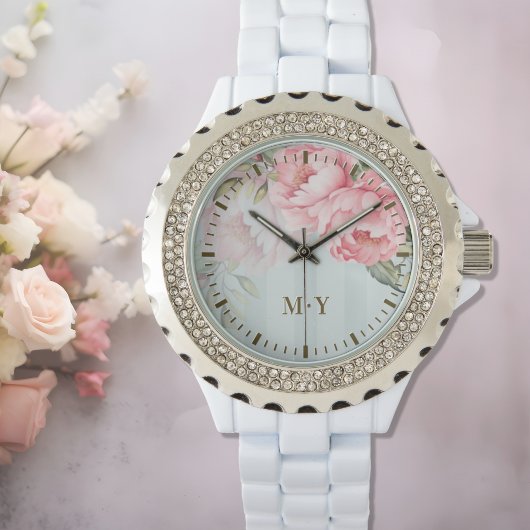 Persoonlijke Roze Pioen Roos Monogram Dames- Horloge