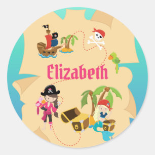 Persoonlijke Roze Piraat Meisje Schatkaart Ronde Sticker