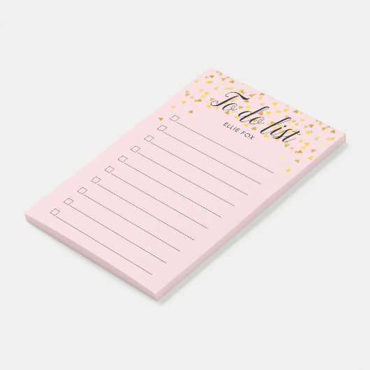 Persoonlijke Roze Roze To-Do Lijst Met Gouden Hart Post-it® Notes (Schuin)