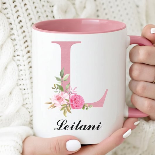 Persoonlijke Roze Rozen Monogrammok voor Haar Cade Mok