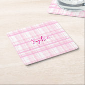 Persoonlijke roze ruitjespapier coaster met naam  kartonnen onderzetters (Schuin)