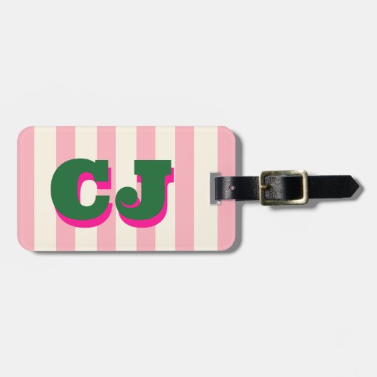 Persoonlijke Roze Streep Monogram, Aangepaste Init Bagagelabel (Voorkant horizontaal)