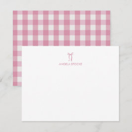 Persoonlijke Roze Strik Gingham Notitiekaartje