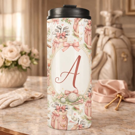 Persoonlijke Roze Strik Golf Monogram Thermosbeker