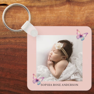 Persoonlijke Roze Twee Foto Nieuwe Baby Vlinder Sleutelhanger