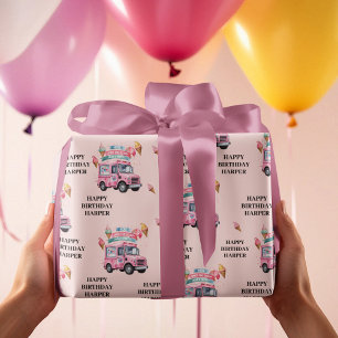 Persoonlijke Roze Verjaardagsijsauto Cadeaupapier