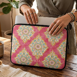 Persoonlijke Roze Vintage Bloemendamask Monogram Laptop Sleeve
