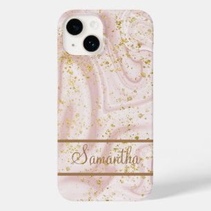 Persoonlijke Roze Witte Marmer Swirl Gouden Glitte Case-Mate iPhone 14 Hoesje