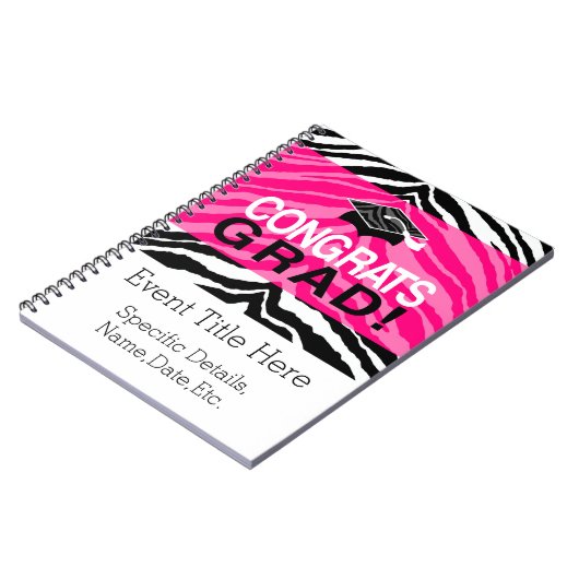 Persoonlijke roze zwarte Zebra Graduation Party Notitieboek (Linkerzijde)