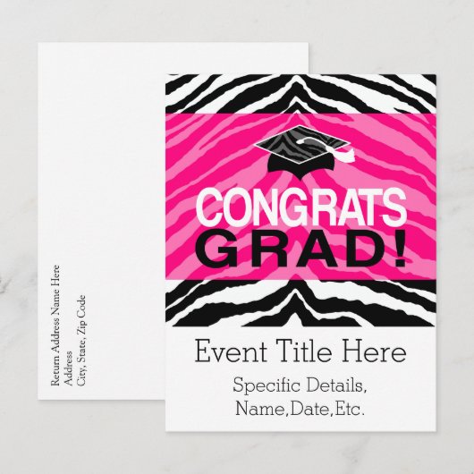 Persoonlijke roze zwarte Zebra Graduation Party Uitnodiging Briefkaart (Voorkant / Achterkant)