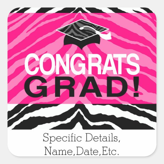 Persoonlijke roze zwarte Zebra Graduation Party Vierkante Sticker (Voorkant)