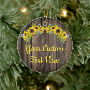 Persoonlijke Rustieke Houten Zonnebloem Aangepaste Keramisch Ornament