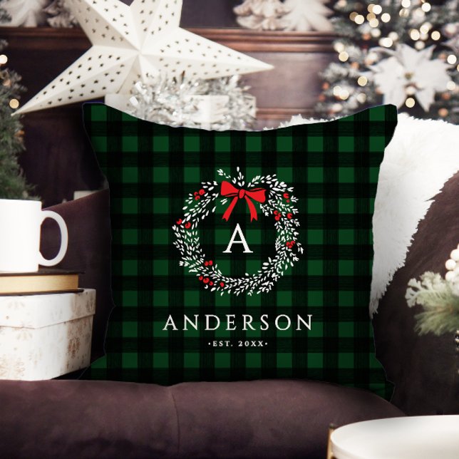 Persoonlijke Rustieke Kerstkrans Buffalo Plaid Kussen (Creator heeft geüpload)