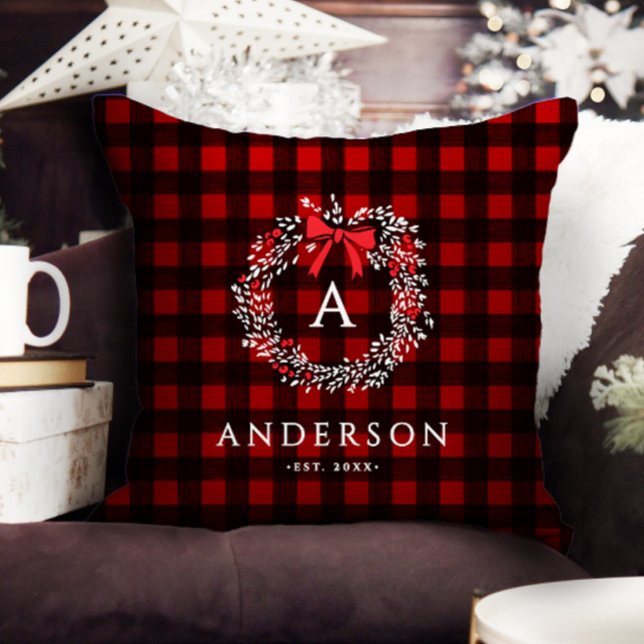 Persoonlijke Rustieke Kerstkrans Buffalo Plaid Kussen (Creator heeft geüpload)