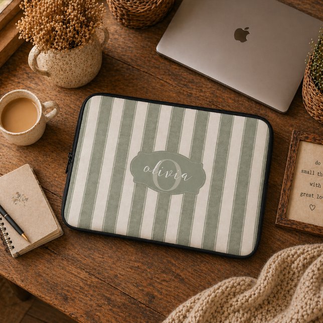 Persoonlijke Rustieke Saliegroen Gestreepte Laptop Sleeve (Creator heeft geüpload)