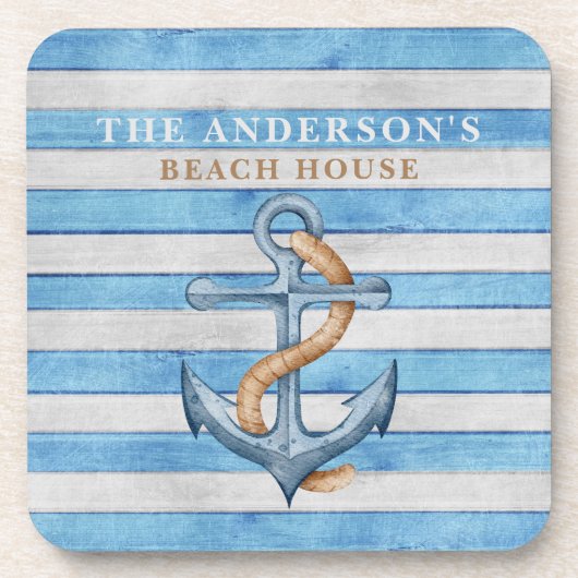 Persoonlijke Rustieke Strandhuis Zeilstripes Bier Onderzetter (Voorkant)