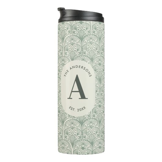 Persoonlijke Sage Groene Monogram Elegante Art Dec Thermosbeker (Geroteerd rechts)