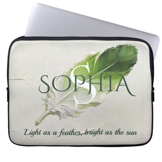 Persoonlijke Sage Groene Veer Monogram Laptop Sleeve (Voorkant)