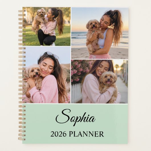 Persoonlijke saliegroene fotocollage planner 2026 (Voorkant)