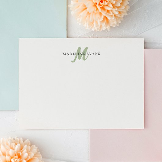 Persoonlijke saliegroene monogram aangepaste naam notitiekaartje