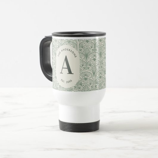 Persoonlijke Saliegroene Monogram Elegante Art Dec Reisbeker (Voorkant links)