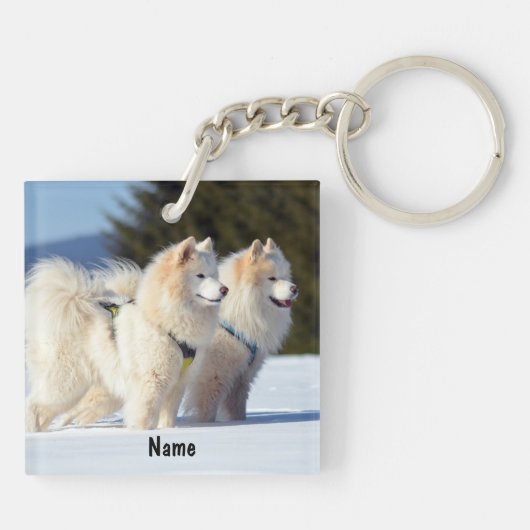 Persoonlijke Samoyed-honden in de sneeuw Sleutelhanger (Achterkant)