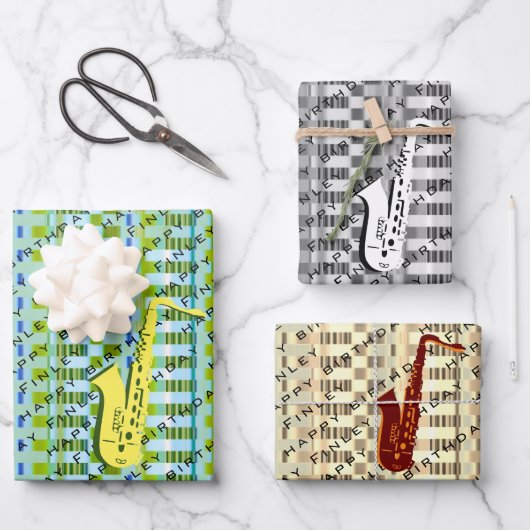 Persoonlijke Saxofoon Moderne Sax Naam Verjaardag Inpakpapier Vel (Voorkant)