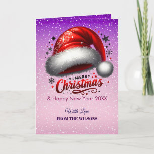 Persoonlijke scharlaken kerstman hoed gloeiende fo feestdagen kaart