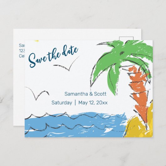 Persoonlijke Schat strand met palmboom Aankondigingskaart (Voorkant / Achterkant)
